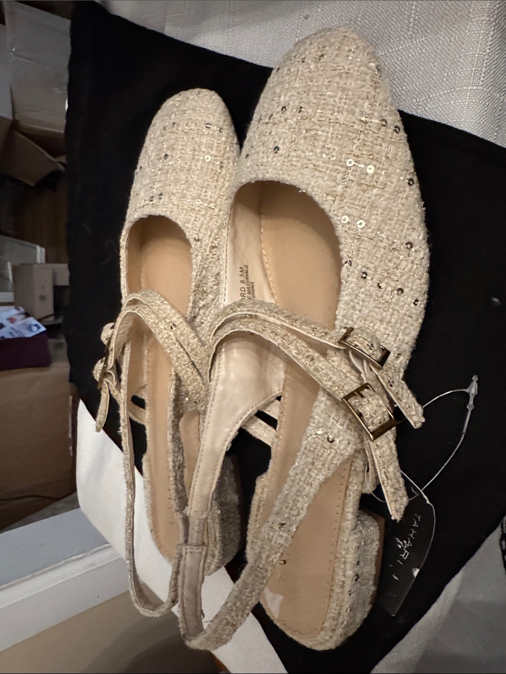 Tahari Beige Tweed Ankle-Strap Mules NEW